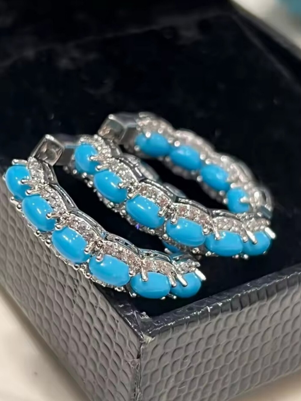 White Rhodium Turquoise Hoop Earrings